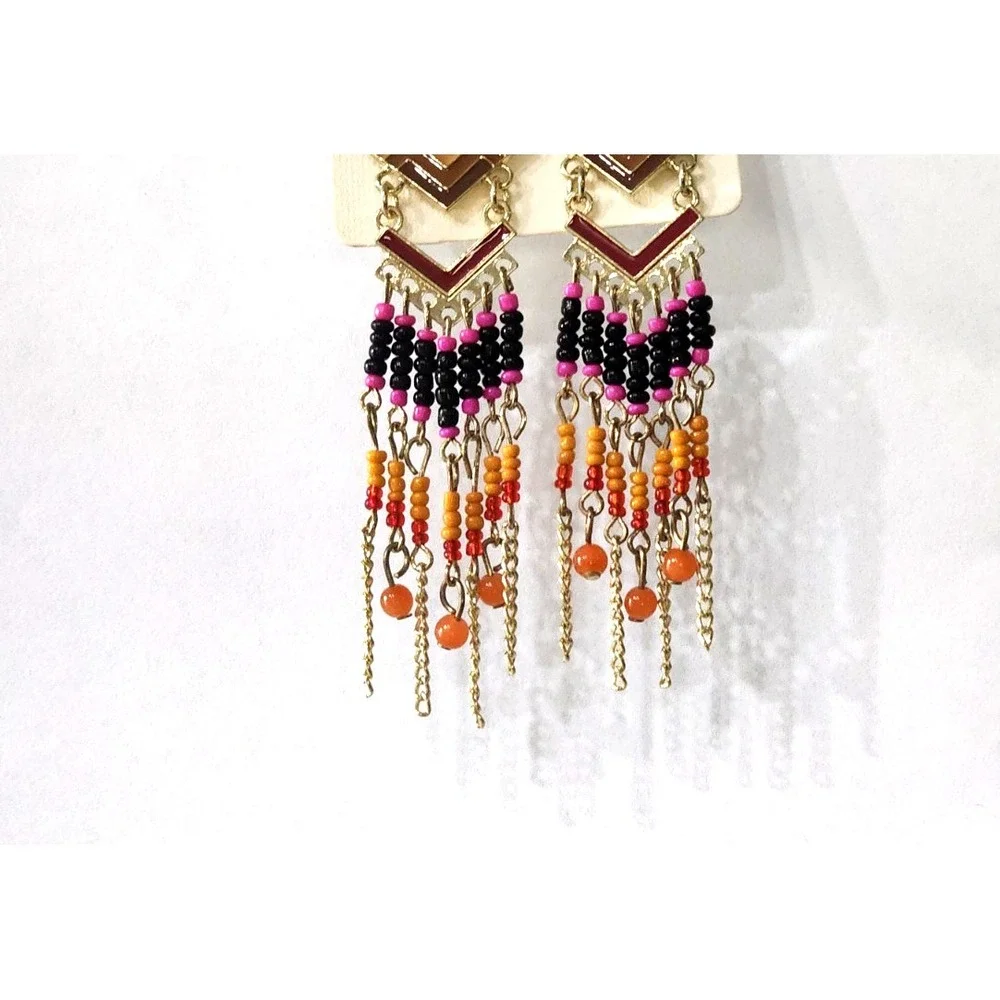 Miss C Native American Dangle‎ Earrings Oval Shape Beaded Surgical Steel